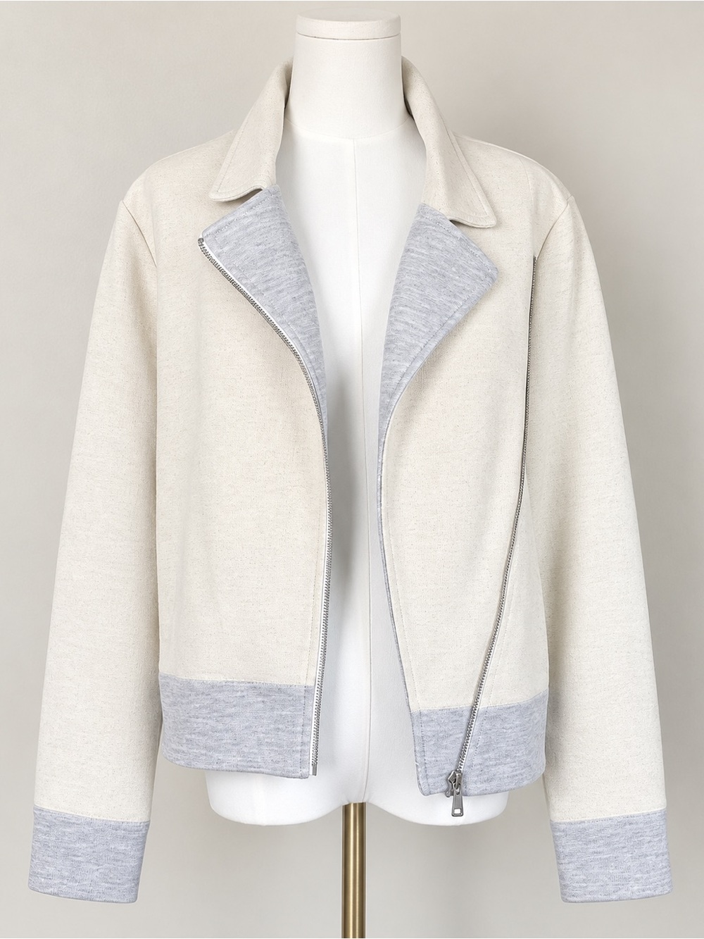 Lou & Grey LOFT Moto Jacket Medium Cream Gray Asymmetrical Zip Knit